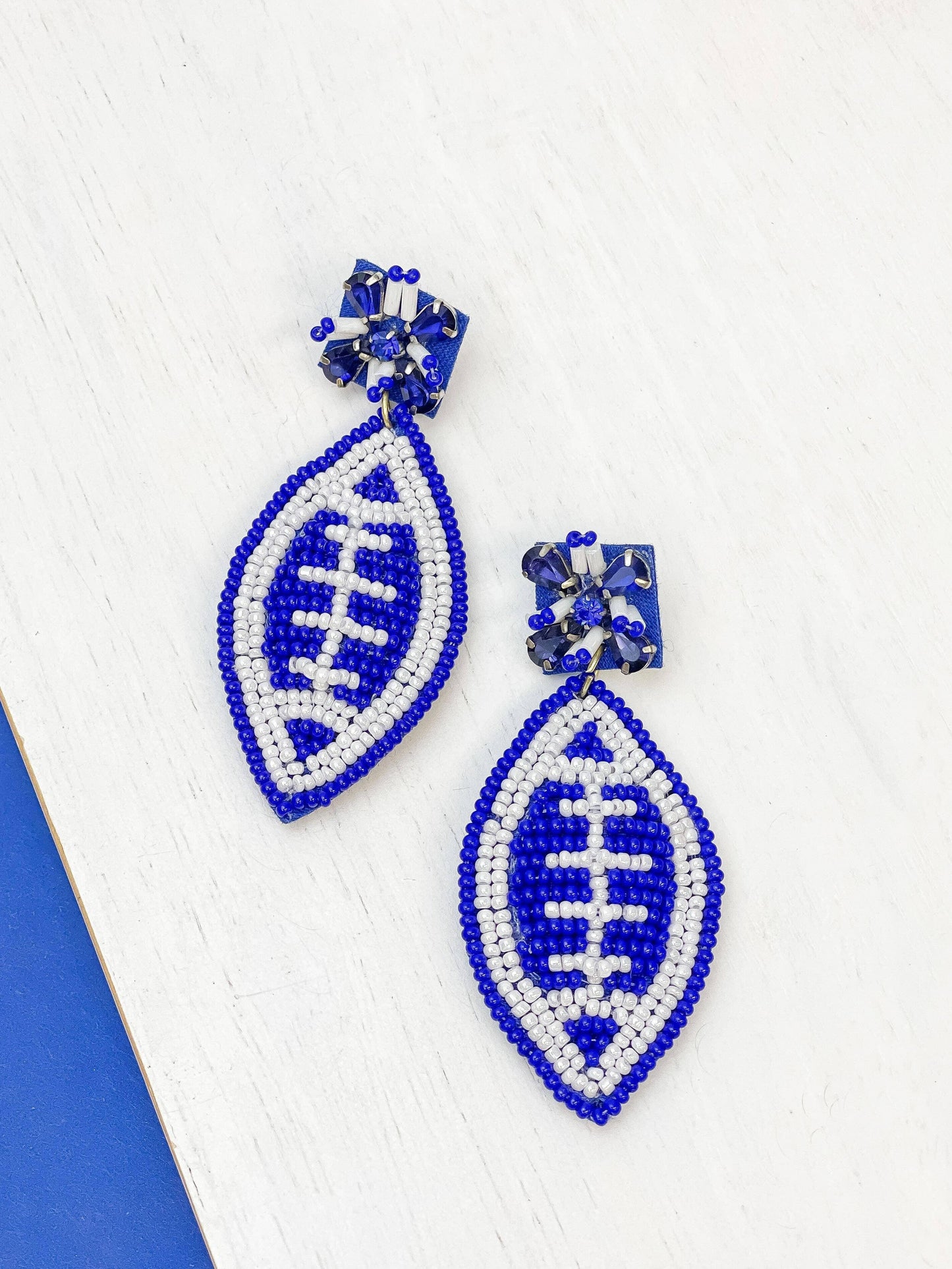 Glitzy Post Football Dangle Earrings - Navy Blue & White - The Salty Mare