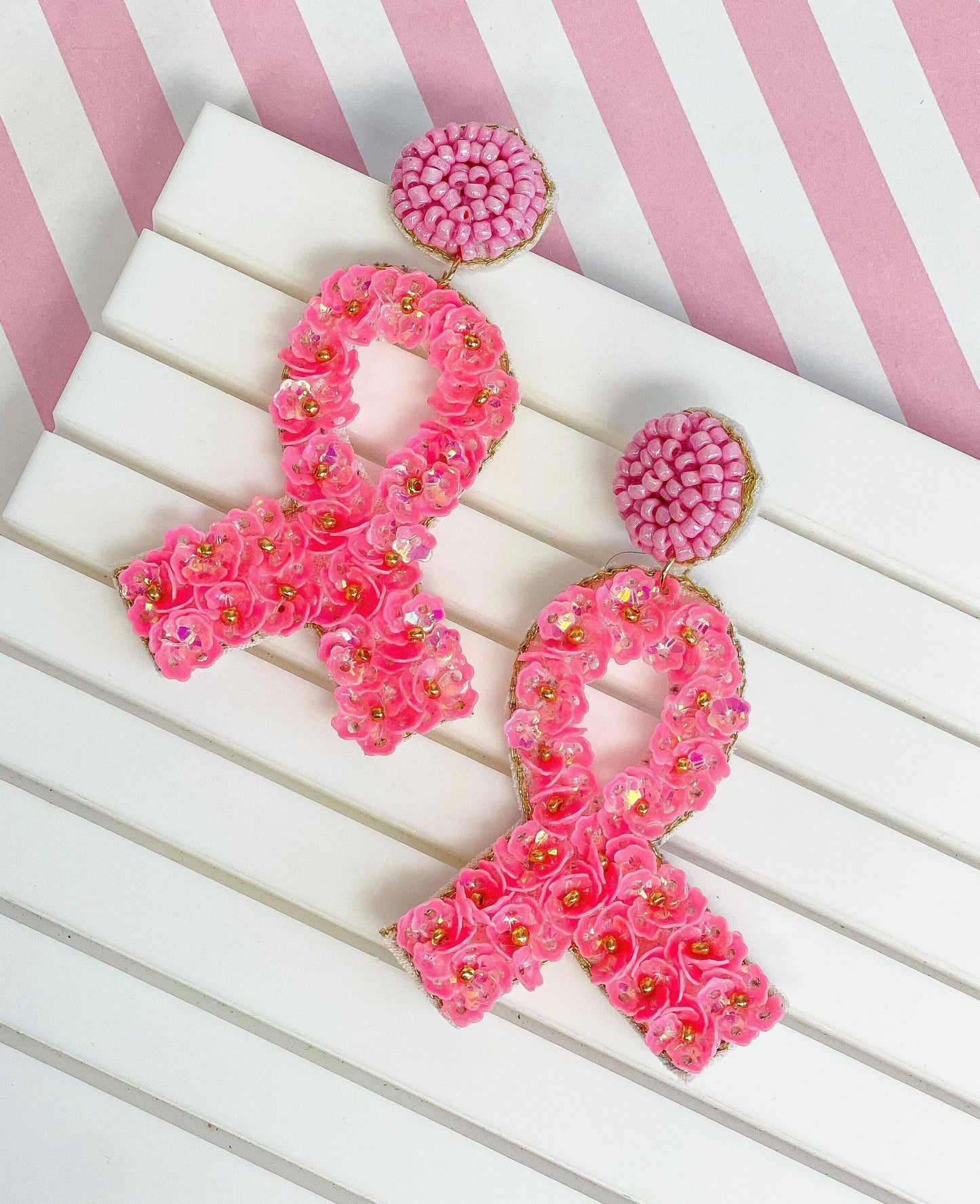 Floral Pink Breast Cancer Ribbon Dangle Earrings - The Salty Mare