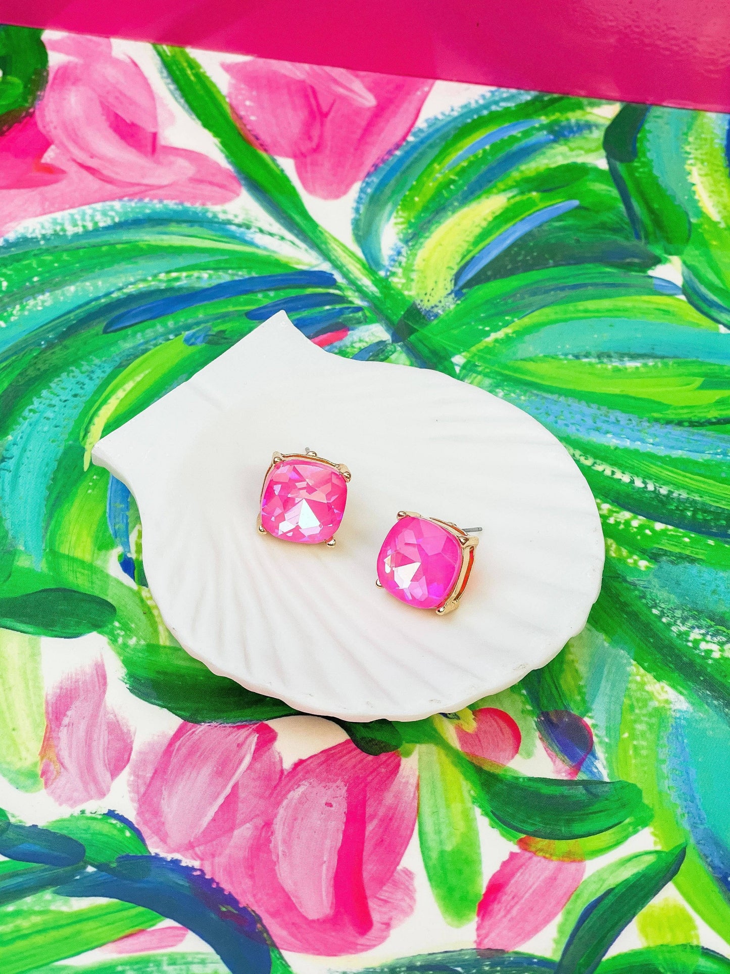 Iridescent Glass Crystal Stud Earrings - Pink - The Salty Mare