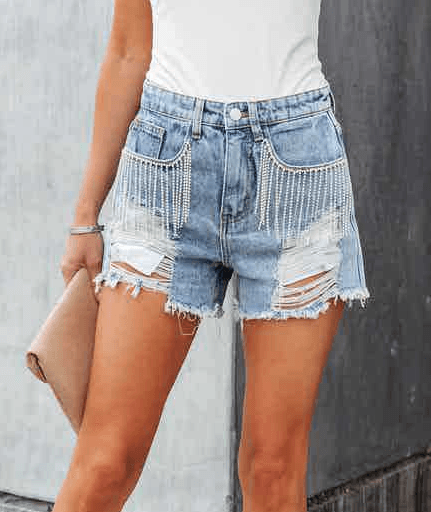 Fringe rhinestone ripped denim shorts - The Salty Mare