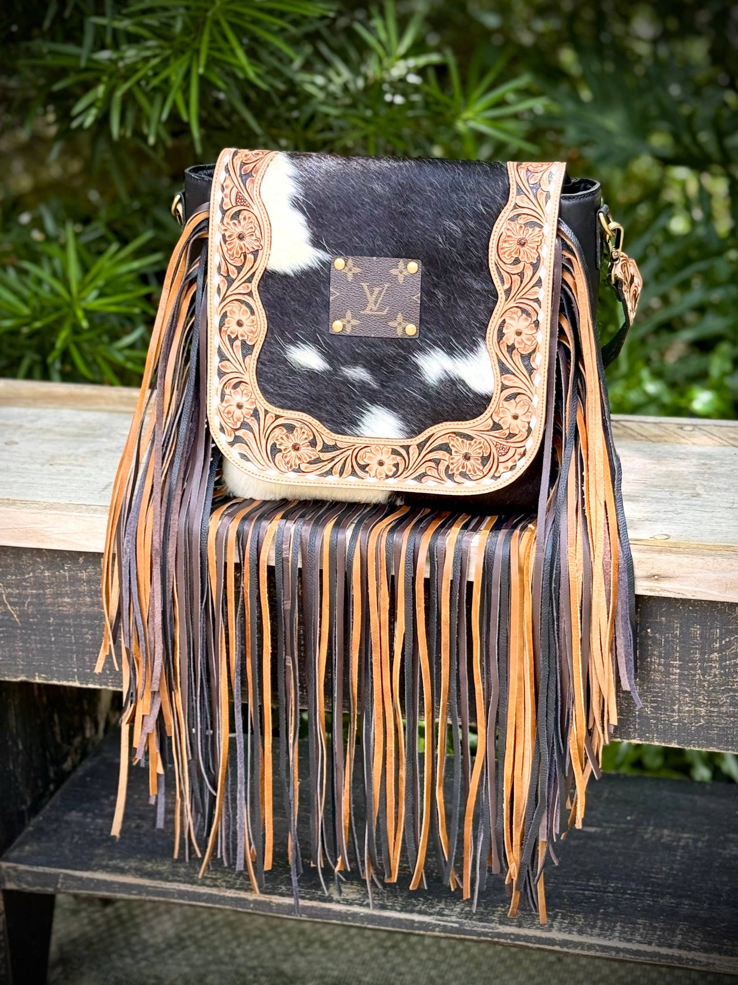 Upcycled LV Cowhide Leather Fringe Crossbody Bag Western