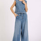WASHED DENIM ELASTIC BUTTON FLY WIDE LEG PANTS
