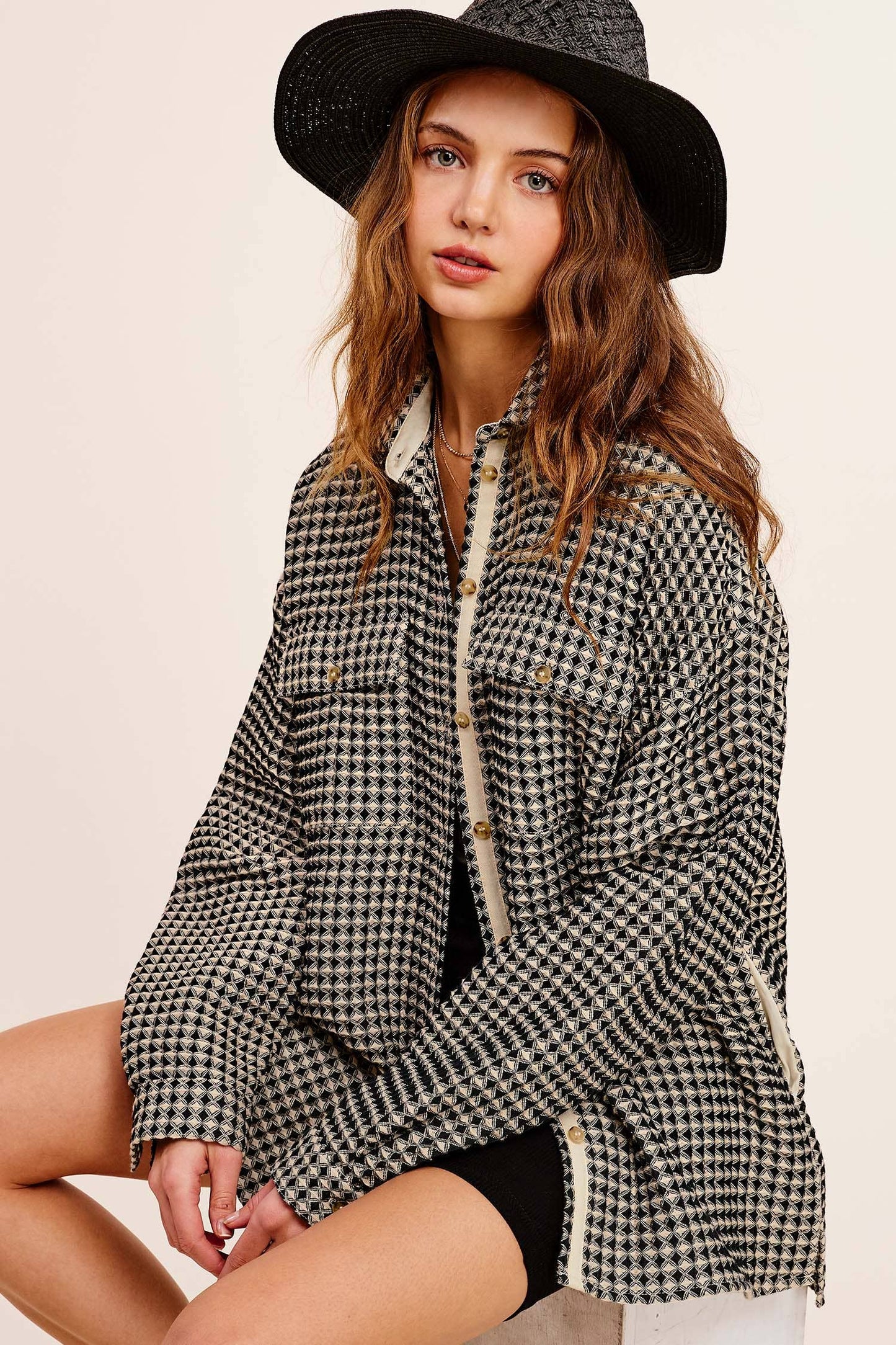 Waffle Textured Oversized Button Down Shacket