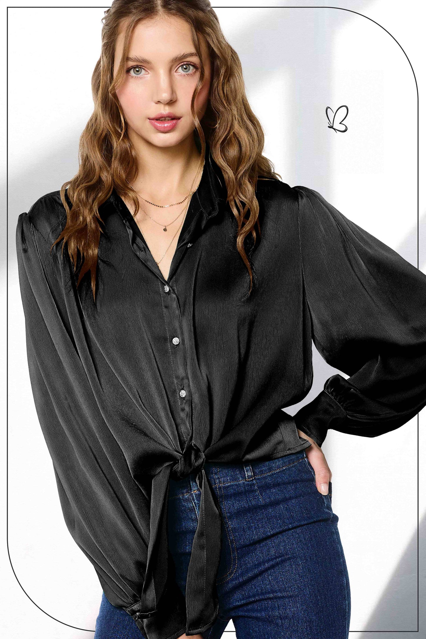 Flowy Button Down Balloon Sleeve Tie-Front Shirt