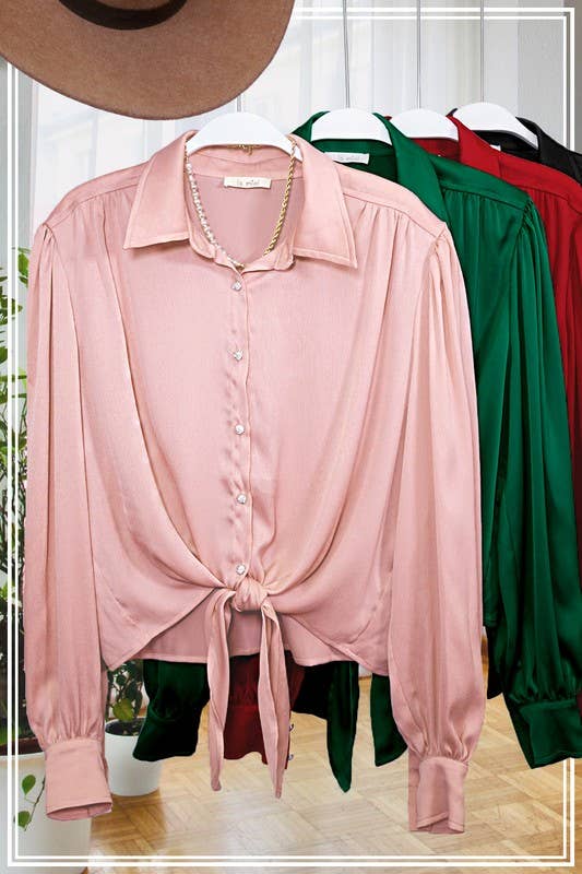 Flowy Button Down Balloon Sleeve Tie-Front Shirt