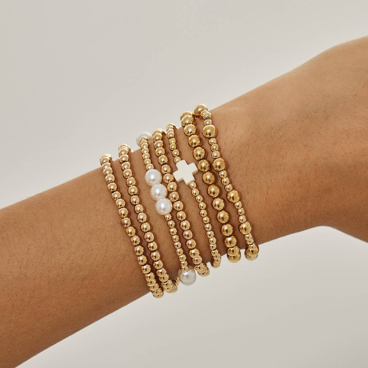 MULTI BALL PEARL BEAD CROSS STRETCHABLE BRACELET