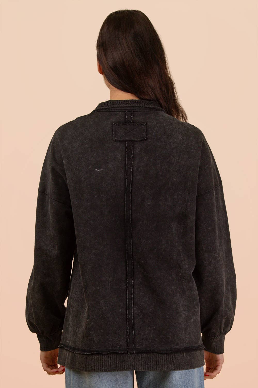 Mock Neck Mineral Washed Knit Causal Top