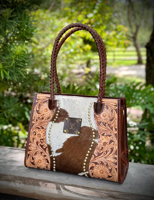 Upcycled LV Leather Cowhide Satchel Crossbody Bag Western 