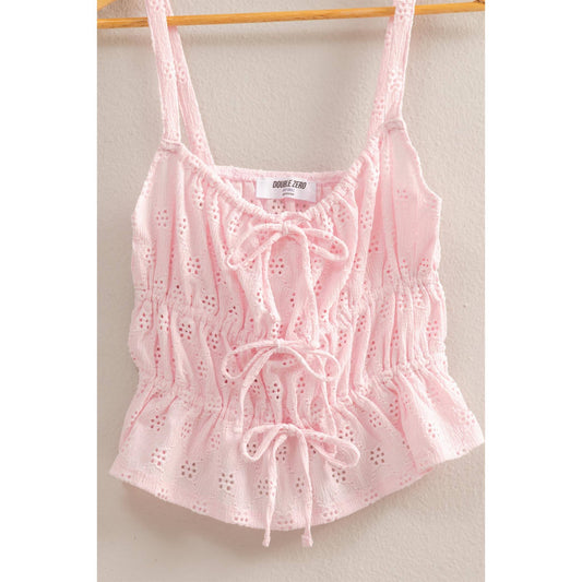 Eyelet Knit Ruched Sleeveless Tank Top