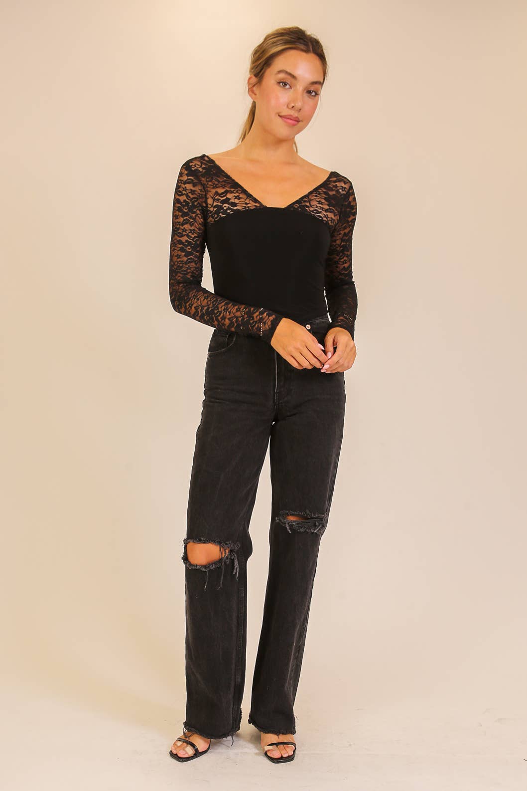 Lace Sleeve V-Neck Top