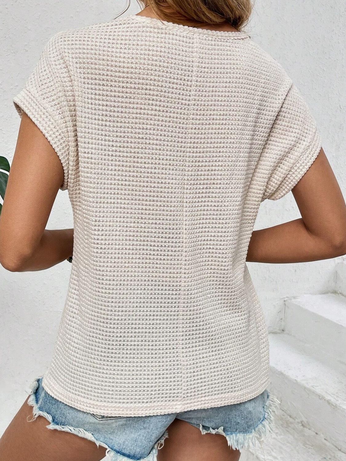 Waffle-Knit Round Neck Top