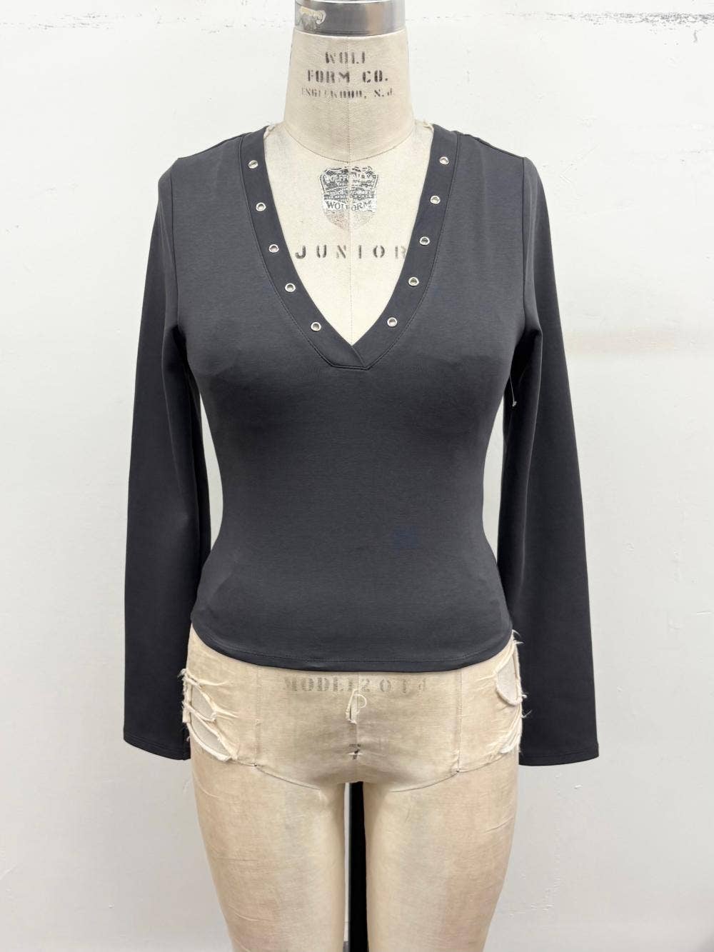 Studded V-Neck Long Sleeve Top