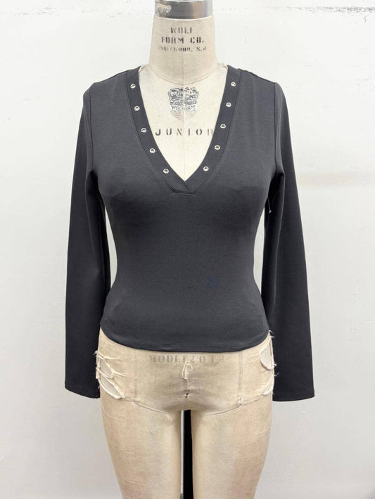 Studded V-Neck Long Sleeve Top