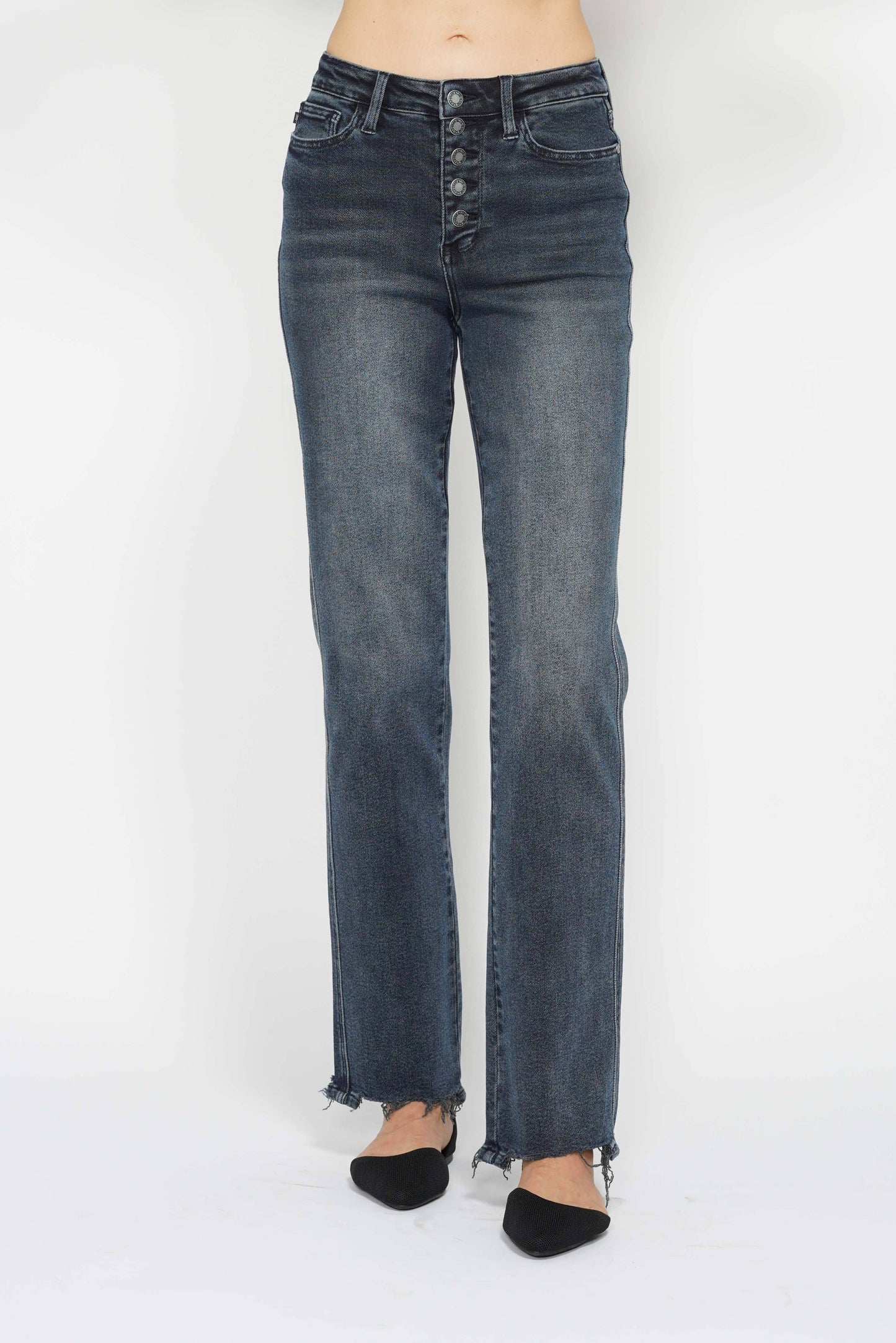 High Waisted Button Fly Hem Distressed Straight