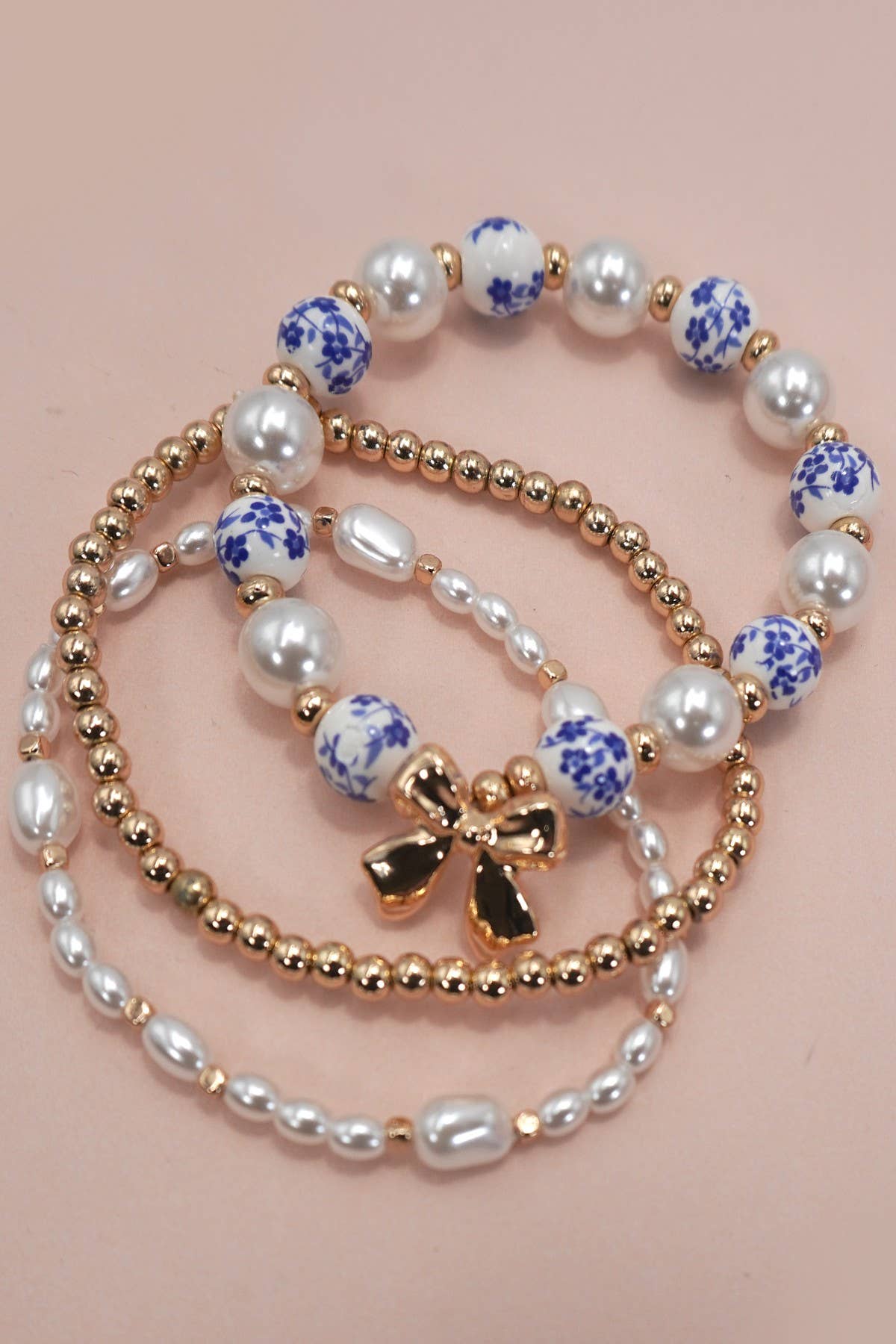 BLUE CERAMIC PORCELAIN BOW MULTI LAYER BRACELET