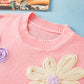 Pink Multi Crochet Flower Knit Short Sleeve Sweater Top