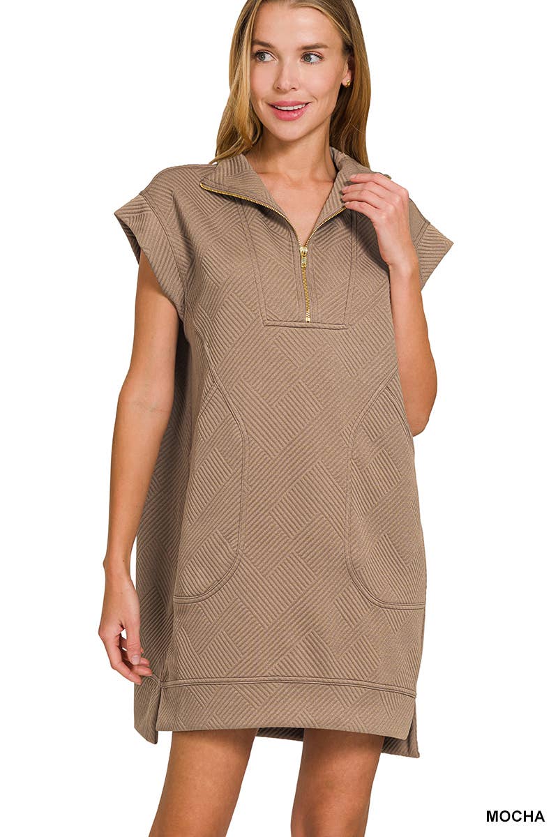 Knit Jacquard Quarter Zipper Mini Dress