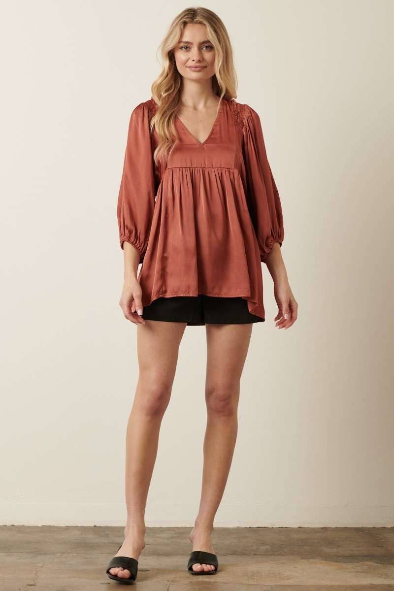 SATIN EMPIRE WAIST PUFF SLEEVE BLOUSE