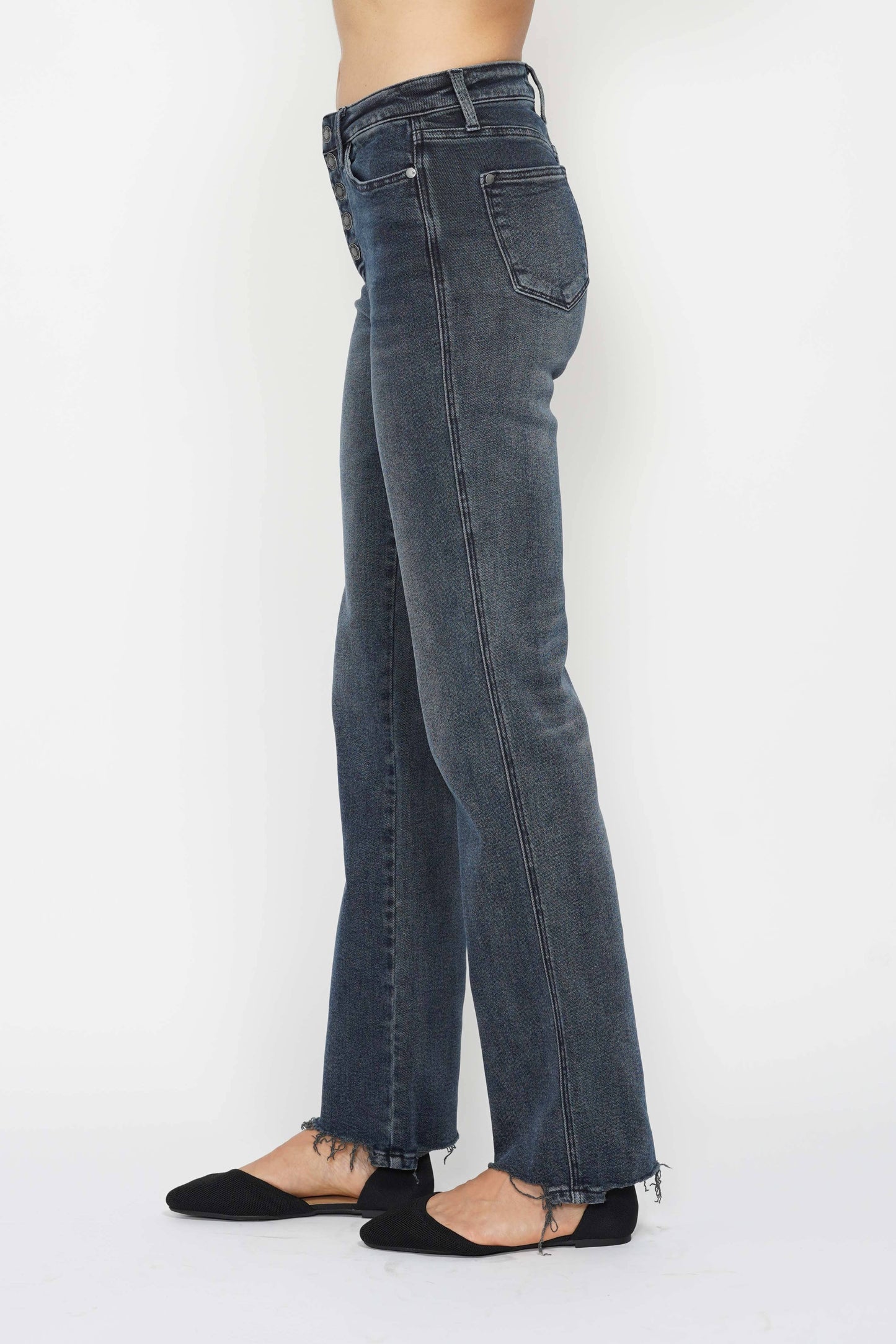 High Waisted Button Fly Hem Distressed Straight