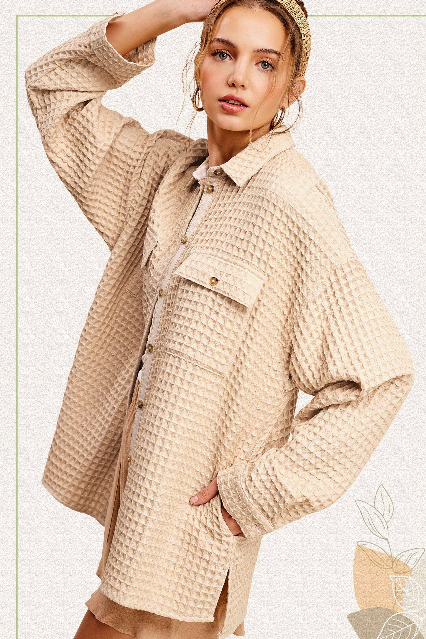 Waffle Textured Oversized Button Down Shacket