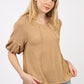 Half Puff Sleeve Crinkle Knit Top