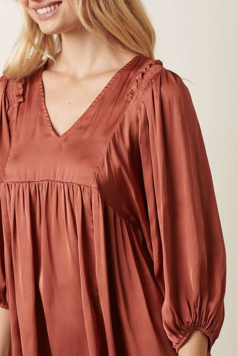 SATIN EMPIRE WAIST PUFF SLEEVE BLOUSE