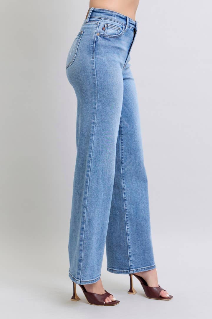 High Waisted Vintage Wash Retro Wide Leg