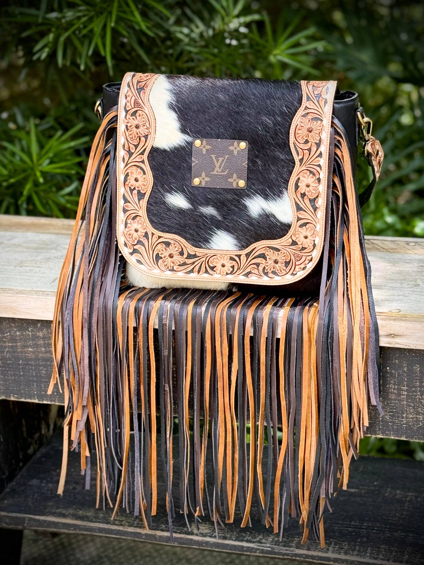 Upcycled LV Cowhide Leather Fringe Crossbody Bag Western