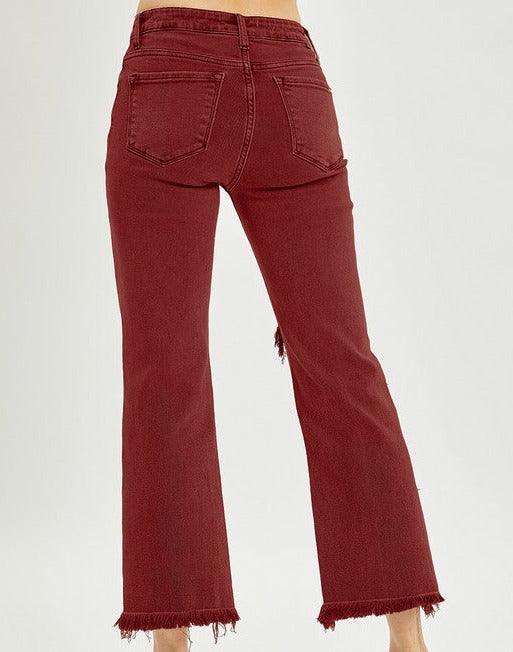 Risen High Rise Distressed Straight Jeans Wine - The Salty Mare