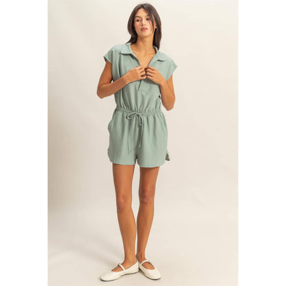 Collared Romper with Buttonless Placket