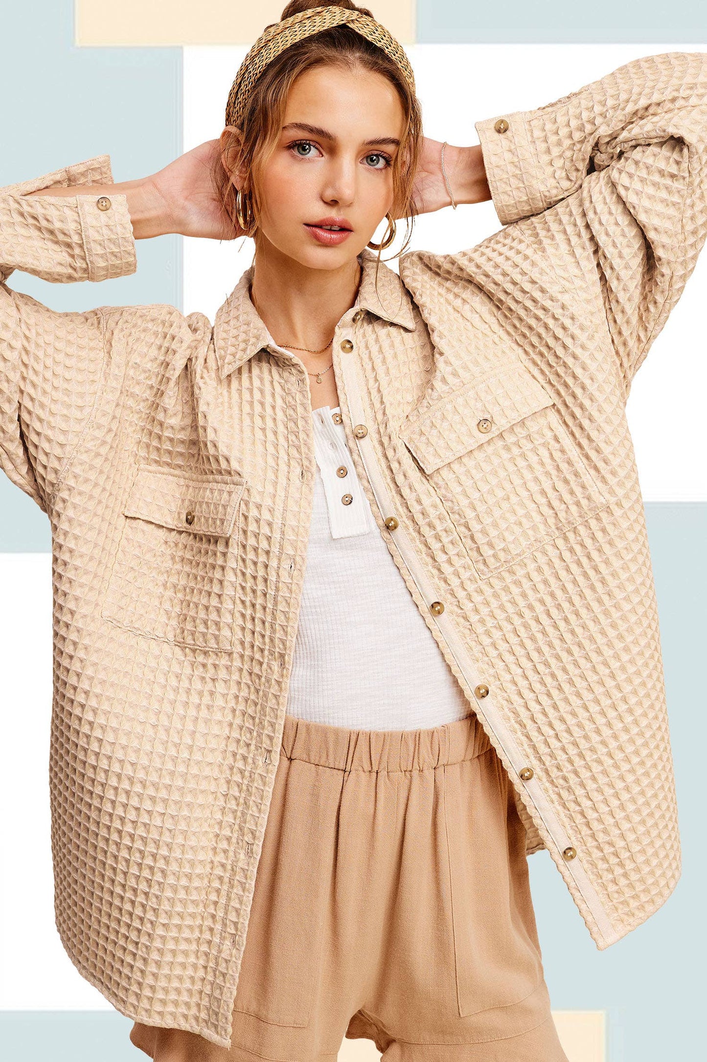 Waffle Textured Oversized Button Down Shacket