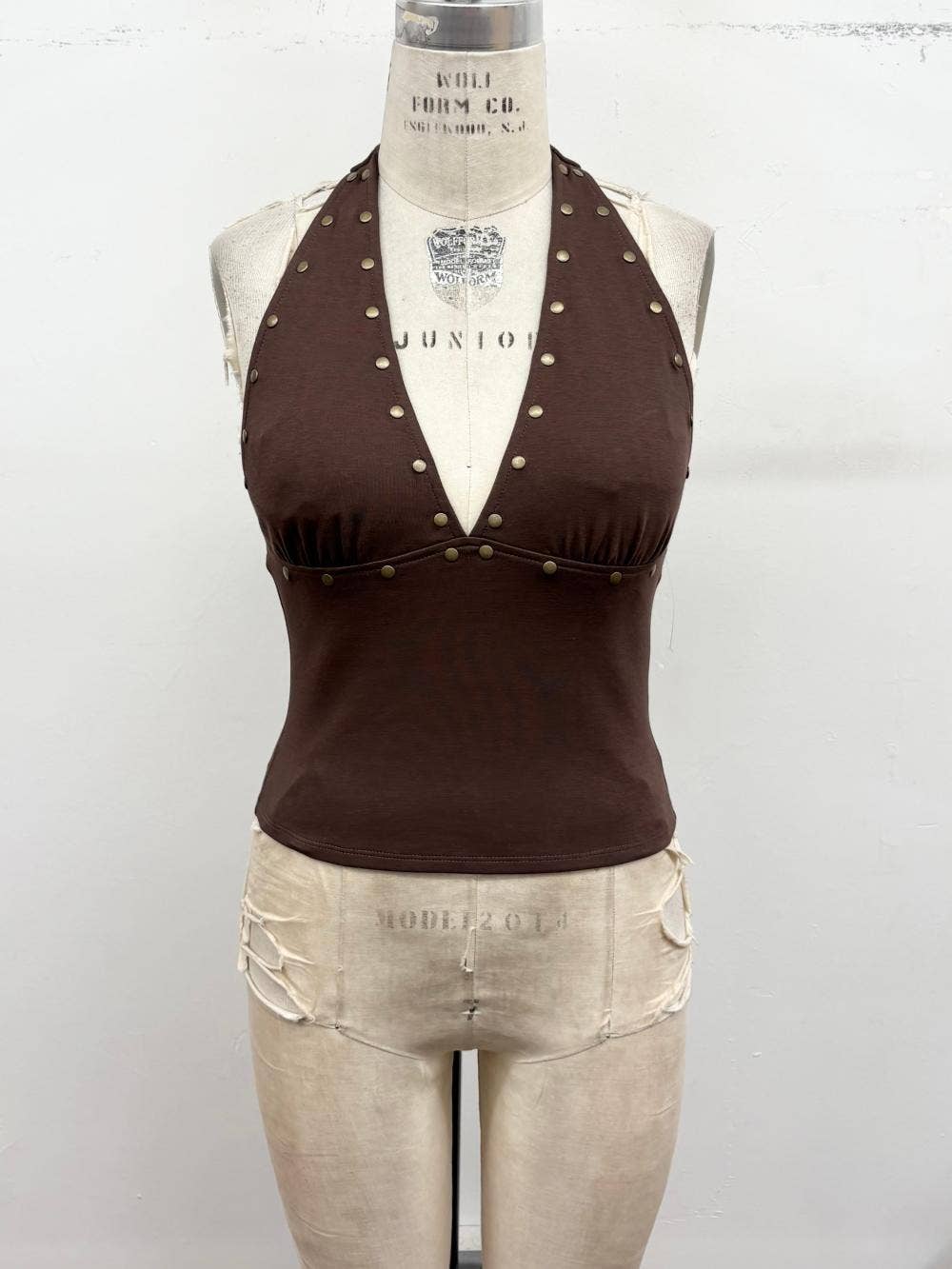 Studded Halter Plunge Knit Top