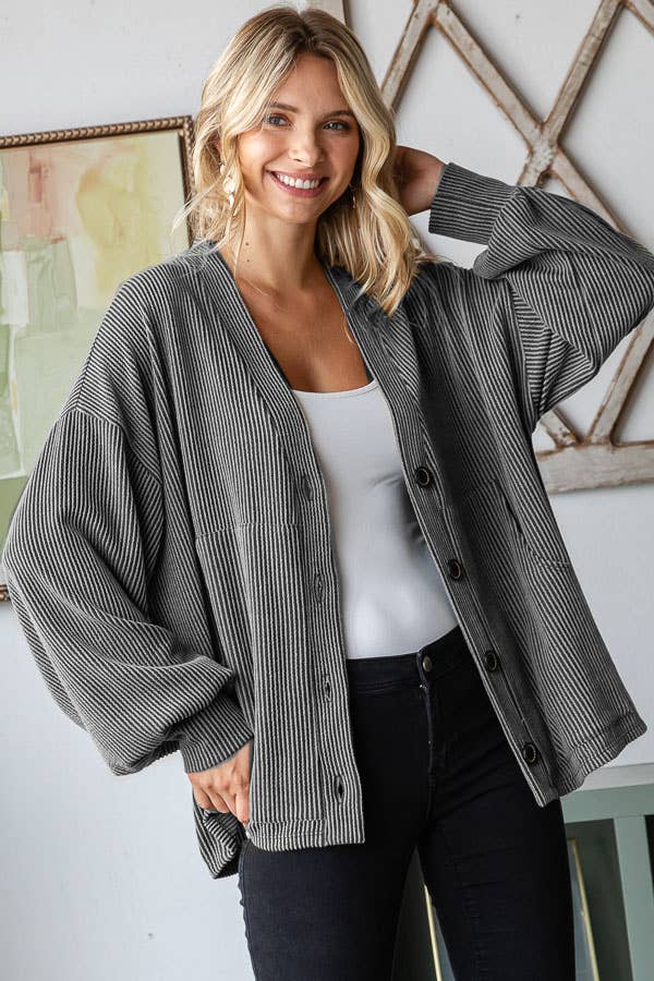Solid Rib Button Balloon Sleeve Cardigan