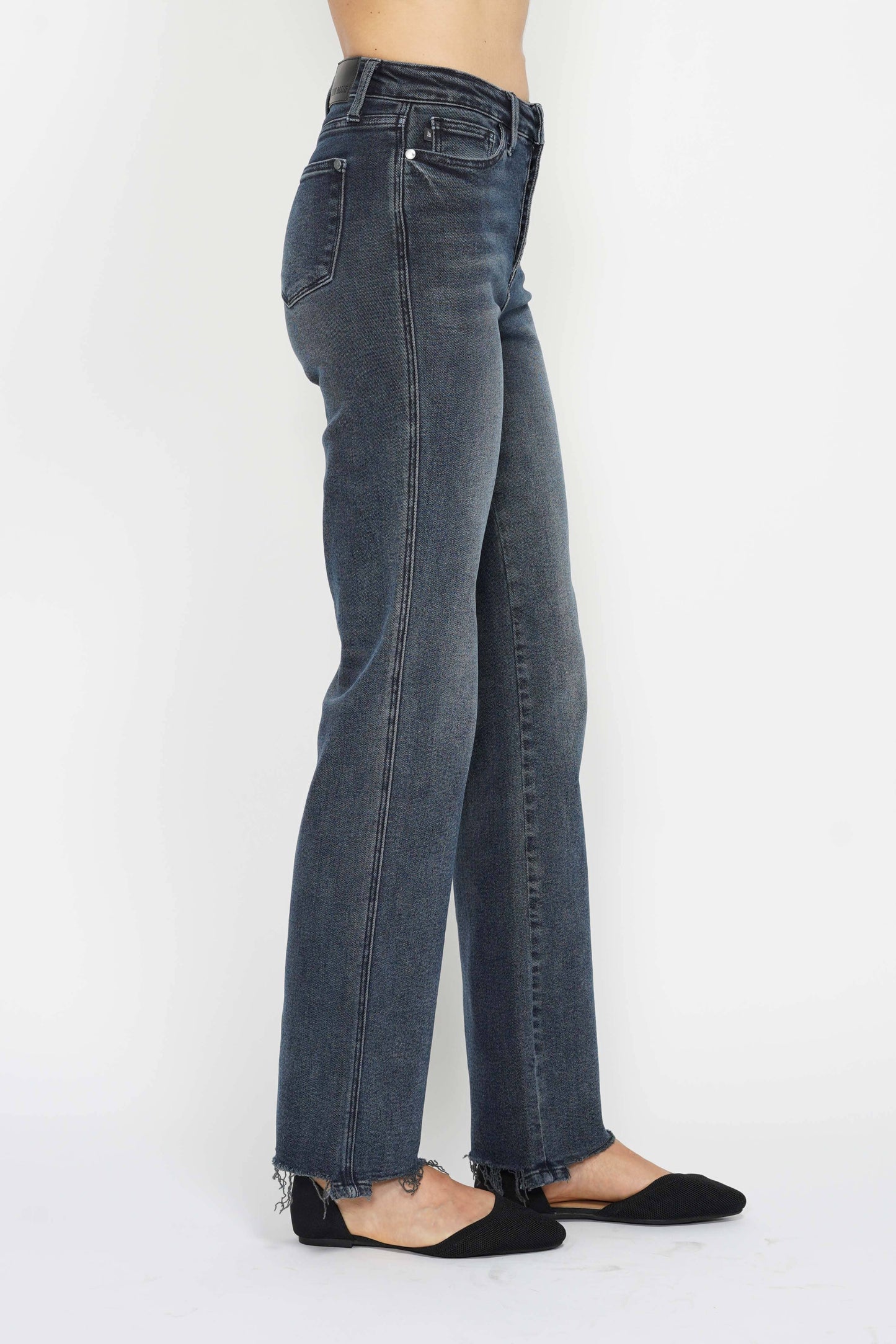 High Waisted Button Fly Hem Distressed Straight