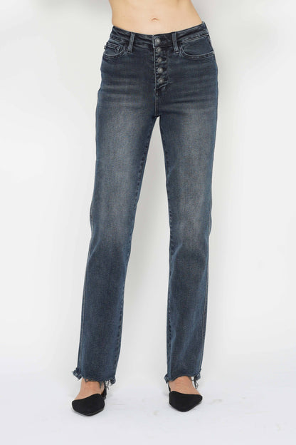 High Waisted Button Fly Hem Distressed Straight