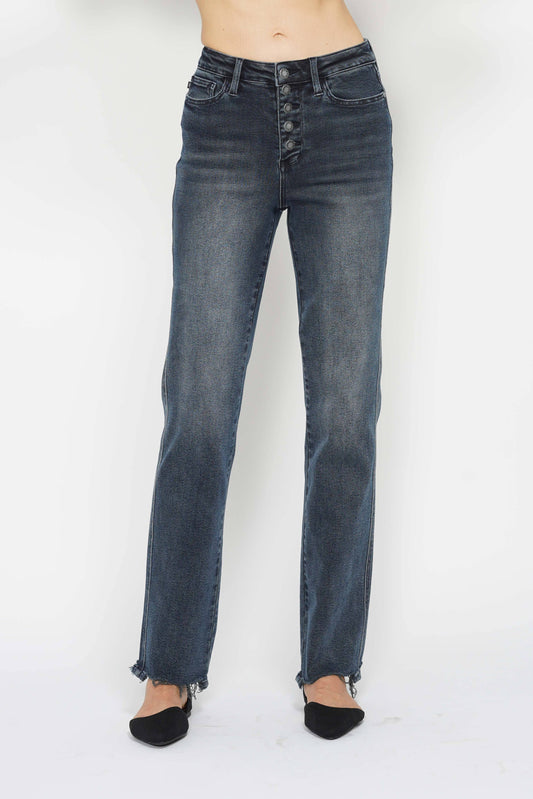 High Waisted Button Fly Hem Distressed Straight