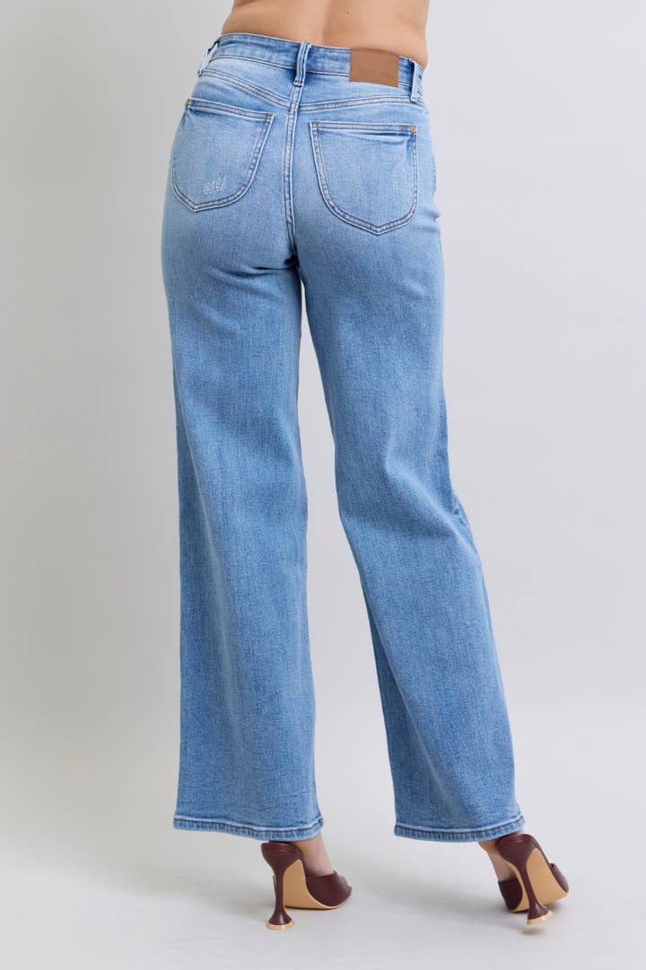 High Waisted Vintage Wash Retro Wide Leg