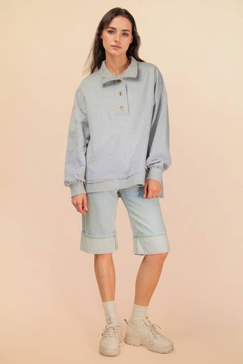 Mock Neck Mineral Washed Knit Causal Top