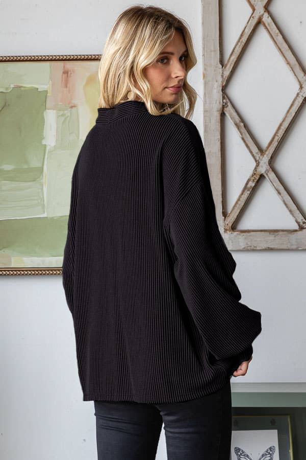 Solid Rib Button Balloon Sleeve Cardigan