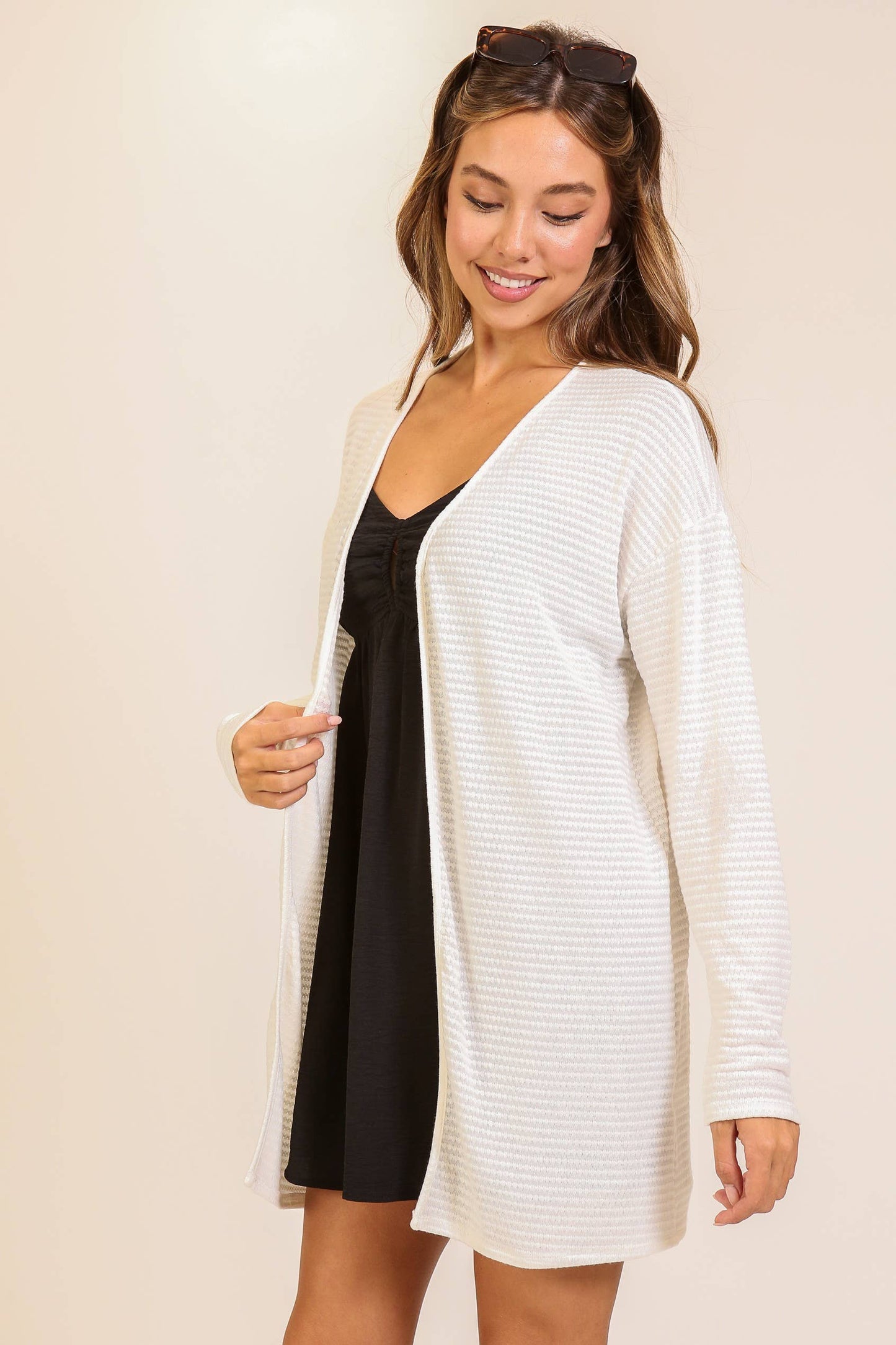 Open-Front Waffle Knit Cardigan