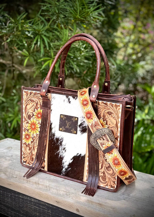 Upcycled Tooled Leather Cowhide Tote Crossbody Bag Western 