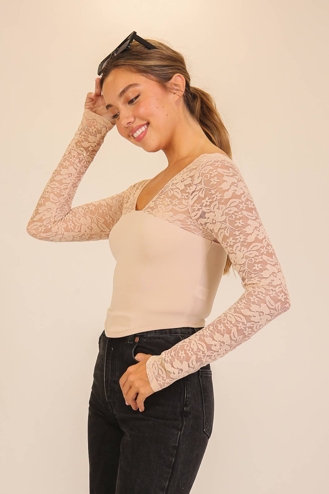 Lace Sleeve V-Neck Top
