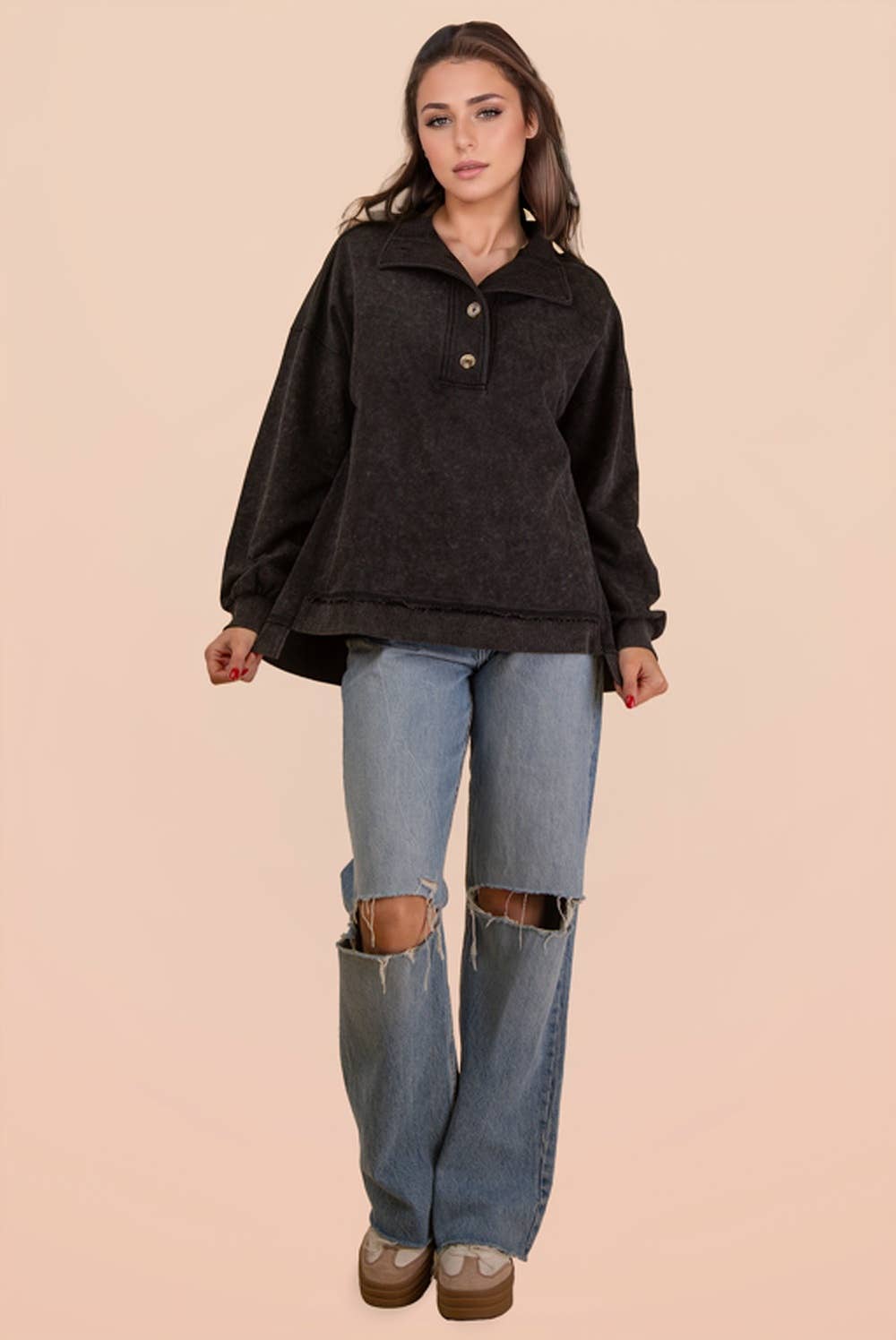 Mock Neck Mineral Washed Knit Causal Top