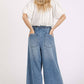 WASHED DENIM ELASTIC BUTTON FLY WIDE LEG PANTS