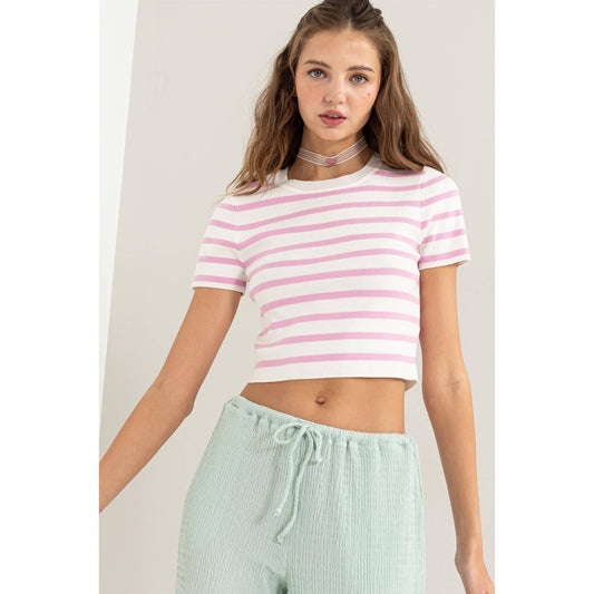 Striped Short Sleeve Crew Neck Crop Top