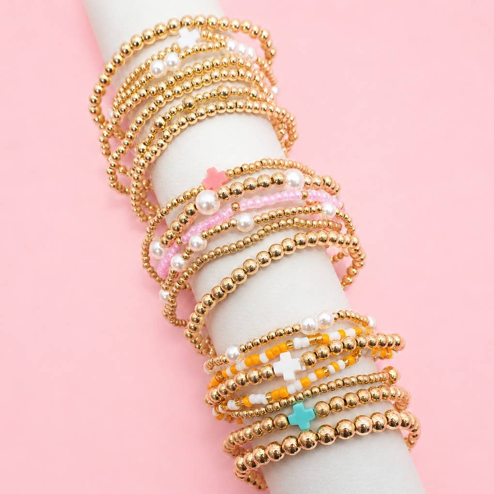 MULTI BALL PEARL BEAD CROSS STRETCHABLE BRACELET