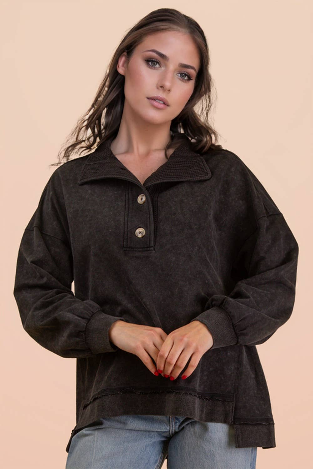 Mock Neck Mineral Washed Knit Causal Top