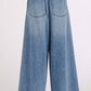 WASHED DENIM ELASTIC BUTTON FLY WIDE LEG PANTS