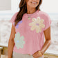 Pink Multi Crochet Flower Knit Short Sleeve Sweater Top