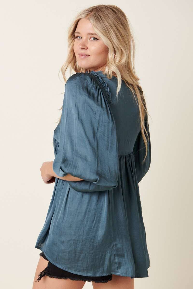 SATIN EMPIRE WAIST PUFF SLEEVE BLOUSE